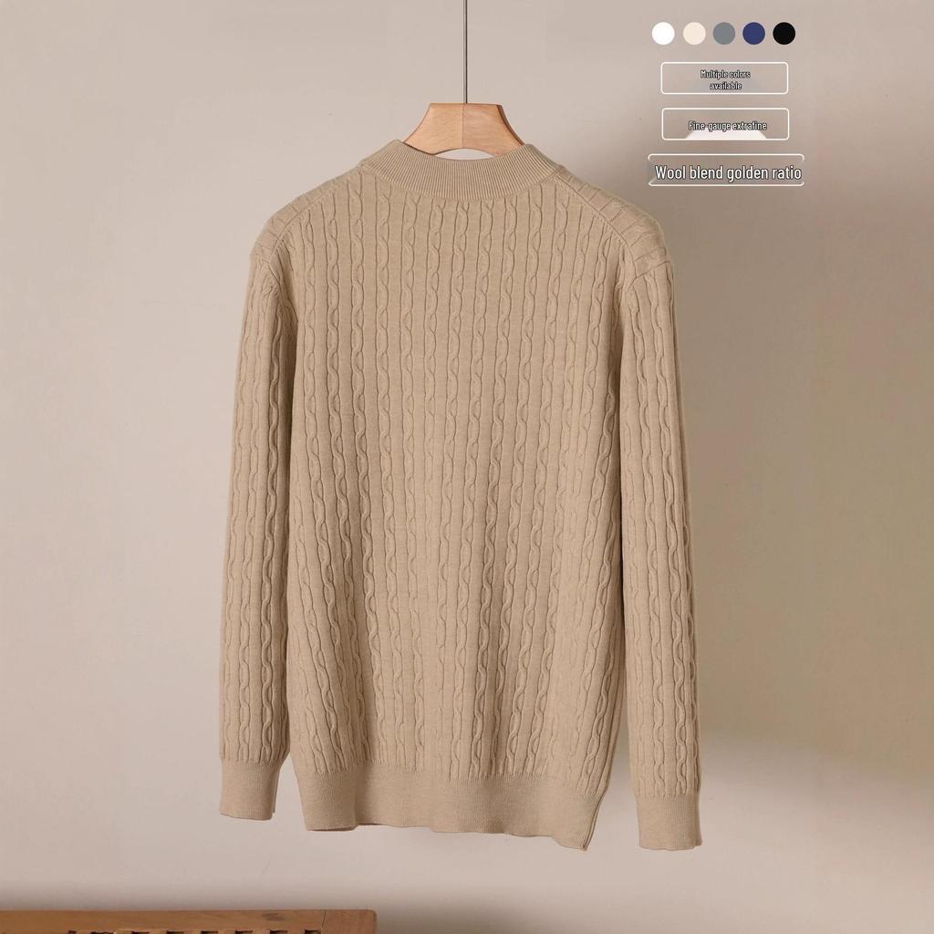 Herren Herbst- und Winter Pullover mit Zopfmuster aus Wolle - Einfacher Rundhalsausschnitt, Langarm, Einfarbige Farbe.