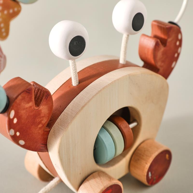 Baby Toy Wooden Cartoon Crab Rattle Hand-pushed Wooden Cars Children's Toy  Finger Fine Motion Car Educational Toy for Children