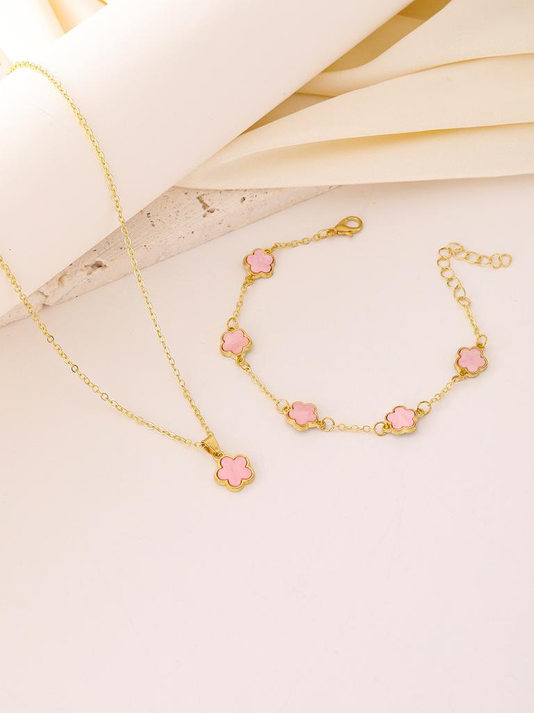 2-teiliges Glücksklee-Zirkon-Set für Damen, Mode-Blumenarmband + Halskette, Geburtstag, Ann