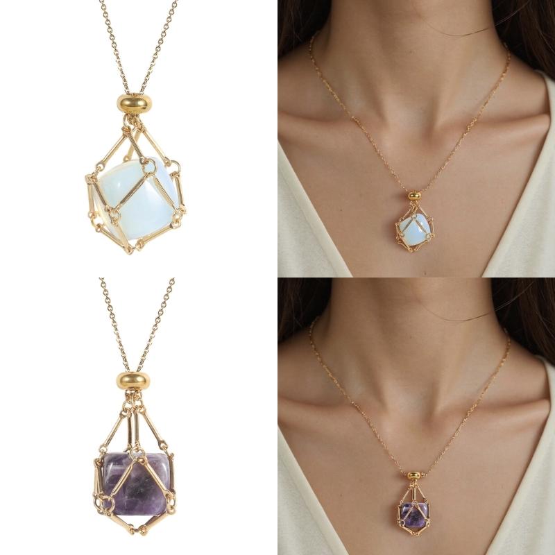 Handcrafted Square Crystal Pendant Necklace With Flexible Bamboo Link Chain And Secure Mesh Cage Setting For Elegant Occasions