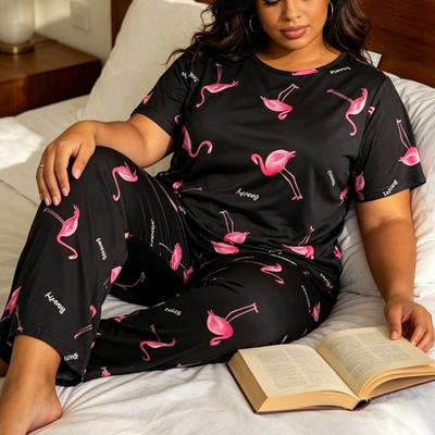 Plus-size Casual Printed Short-sleeved Long Pants Pajama-style Home Wear for Women