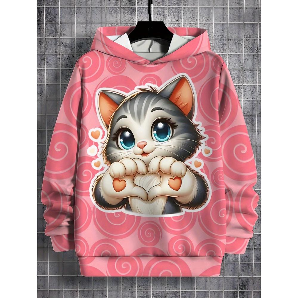 Girl Sweatshirt Pink Gradient Hoodie Cute Cat Print Spring Autumn Casual Pullover Long Sleeve Kids Clothing Top