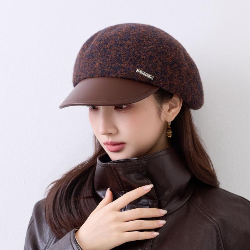Retro octagonal hat women's autumn and winter versatile leather brim hat modified face shape thin women's hat supports mixed batch