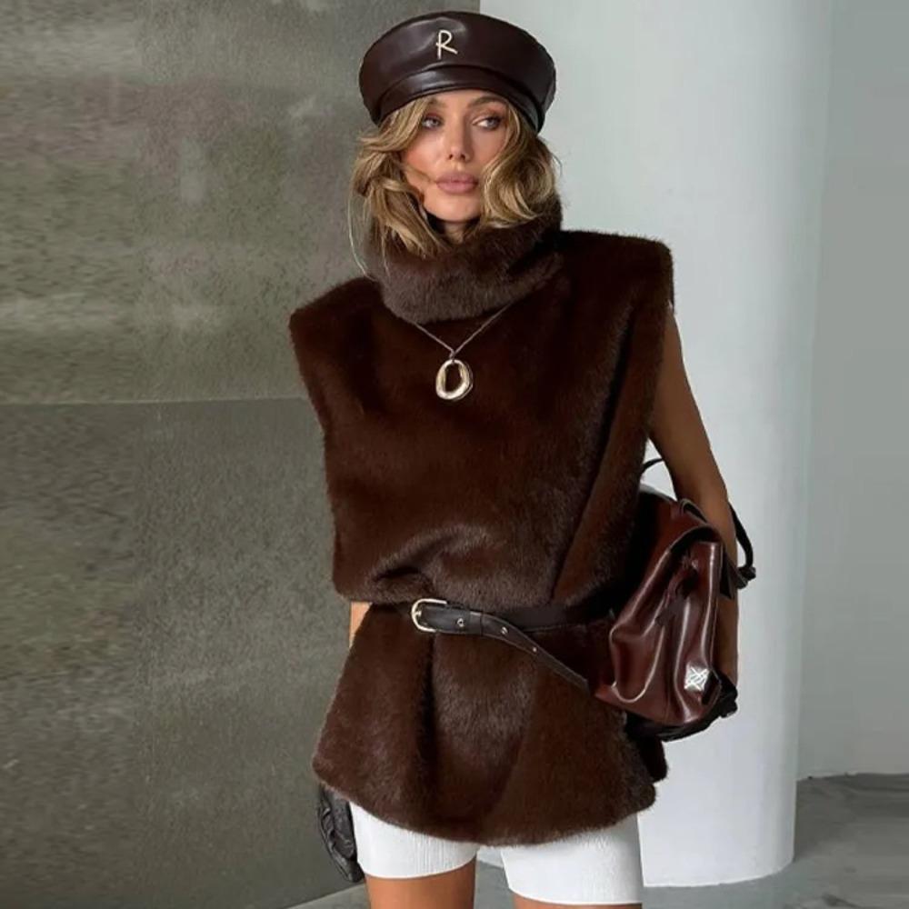 Faux Fur Vests Women Loose High Neck Hollow Out Sleeveless Belts Solid Crop Top Female Chic Warm Tank Tops
