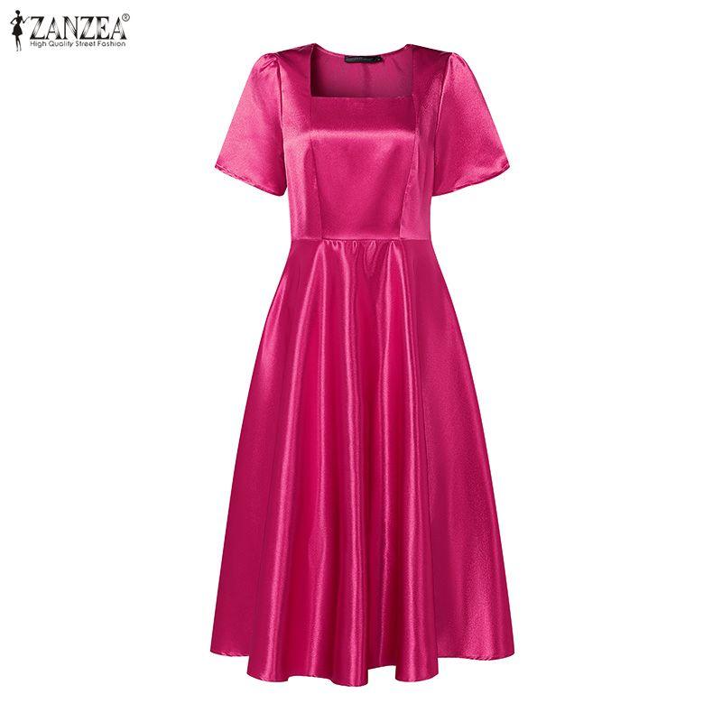 ZANZEA Women Casual Square Collar Summer Short Sleeve Long Dress