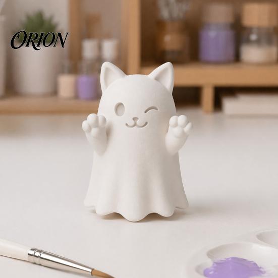 Collectible Art Figures 3D Printed Cute Ghost Cat Figurine, Wink Smile Surprise Spooky Halloween Decor, Unpainted Decorations Blank White DIY