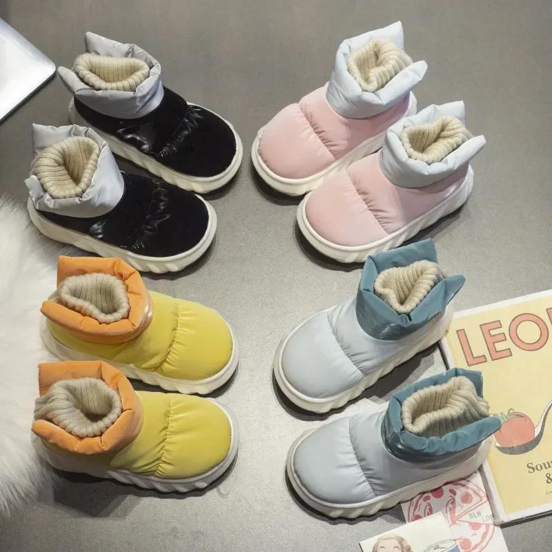 Children Waterproof Down Fabric Plush Athick Snow Boot Cute Warm Short Tube Bread Cotton Shoe External Wear Boots for Kids Girls