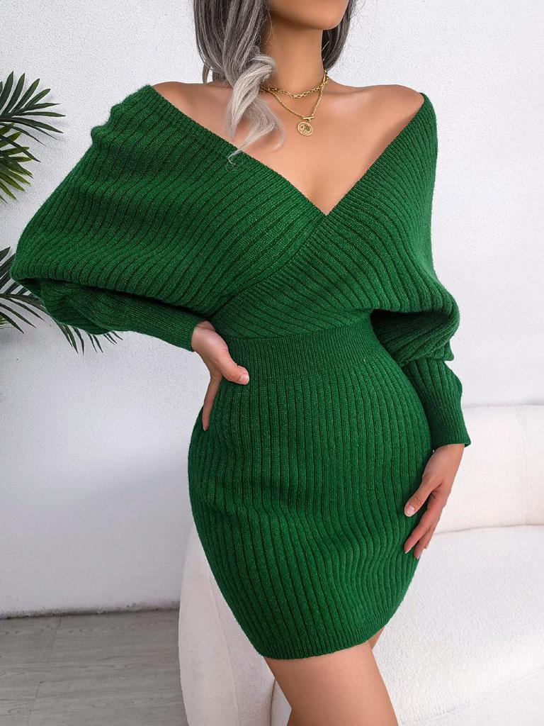 2025 Autumn/Winter European & American Sexy Cross V-Neck Batwing Bodycon Sweater Dress