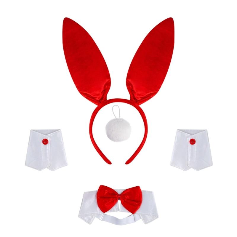 1/4Pcs Women's Bunnies Costume Accessories Set Rabbit Ears Headband Bowtie Collar Cuffs Rabbit Tail for Easter Party