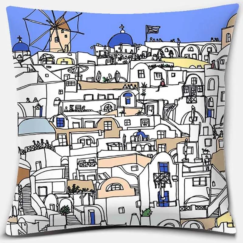 45x45cm Nordic Blue and White Castle Scenery Pillowcase Comfortable Sofa Seat Cushion Cover Hotel Home Decor Embrace Pillowcase