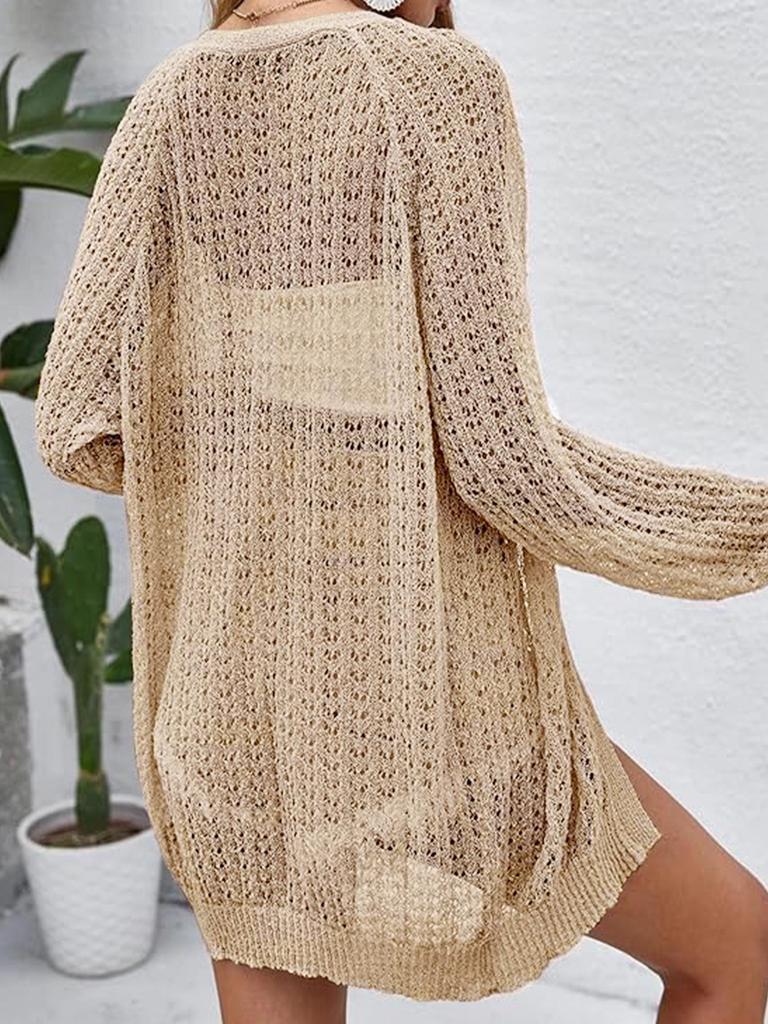 European-American Beach Style Thin Knit Cardigan Sweater with Hollow Design - Long Sleeve
