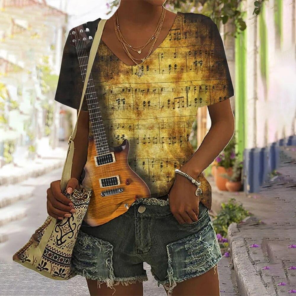 Music Notes 3d Printing Women's Casual Fashion Street Short-sleeved V-neck T-shirt