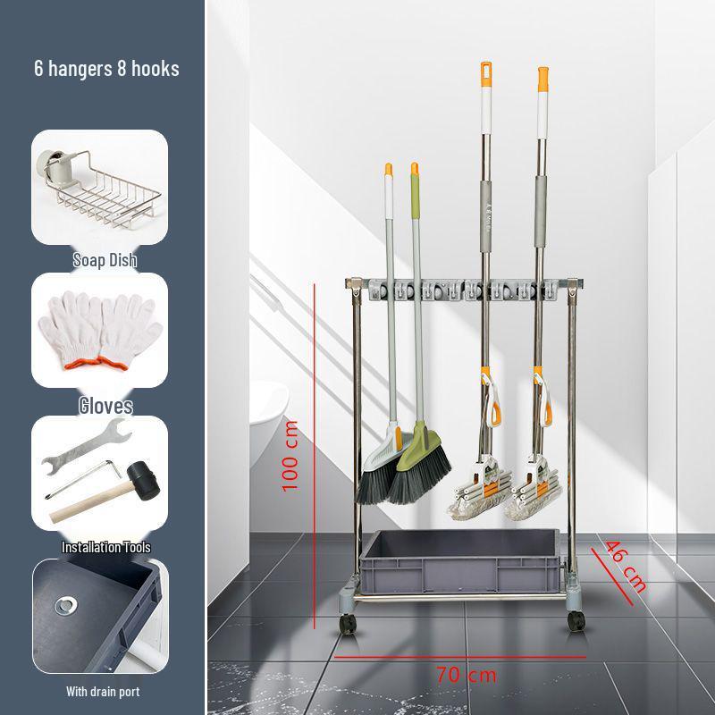 Movable Stainless Steel Mop Storage Rack with Hooks for Floor-Standing Draining in Schools and Factories