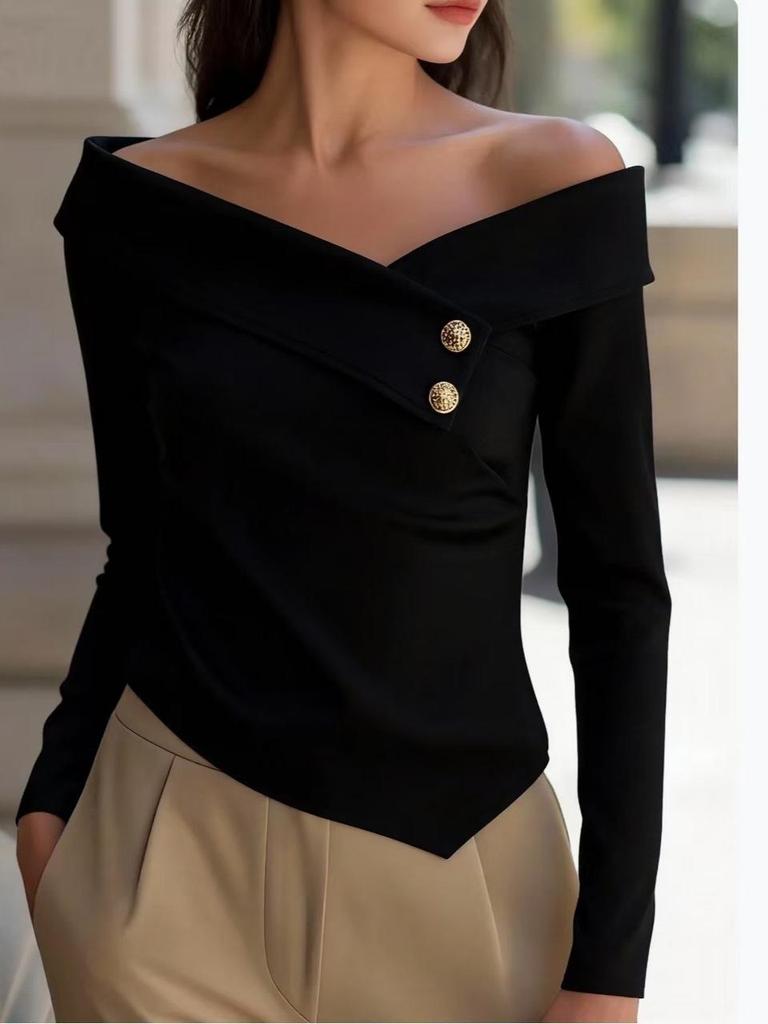 European Designer Off-Shoulder Long-Sleeve Asymmetrical Button T-Shirt for Women, 2026 Fashion