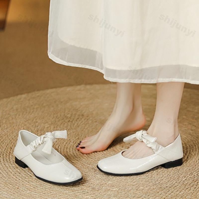 Fashion Elegant Bows Designed Shallow Mouth Single Shoes Women's 2025 Spring New Square Head Comfortable Slip On Casual Mary Jane Shoes