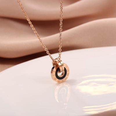 Trendy Rose Gold Roman Numeral Double Circle Pendant Necklace