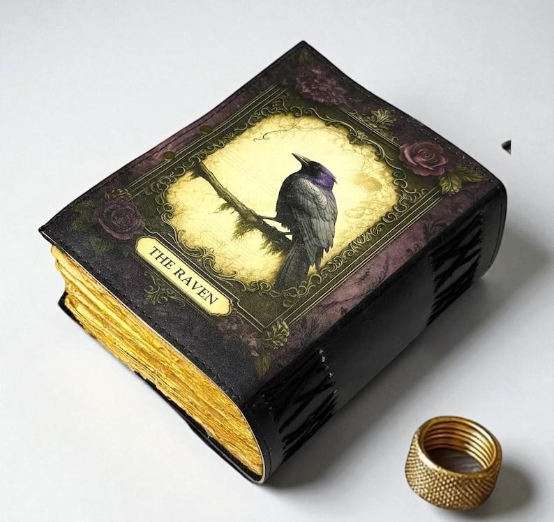 Handmade Leather Journal with Vintage Crow Art | 5x7 Inch Deckle Edge Paper Notebook | Gothic Raven Design | Gift for Writers & Artists