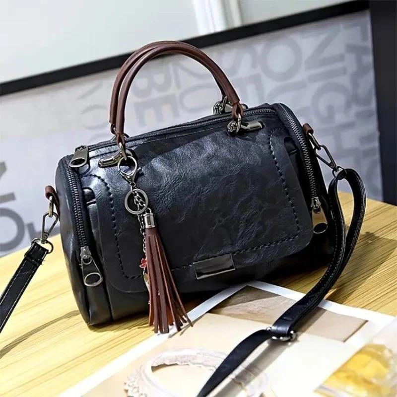 Borsa a mano con decorazione a nappa, Borsa a spalla da donna di grande capacità, Borsa a tracolla alla moda con cerniera e tracolla rimovibile