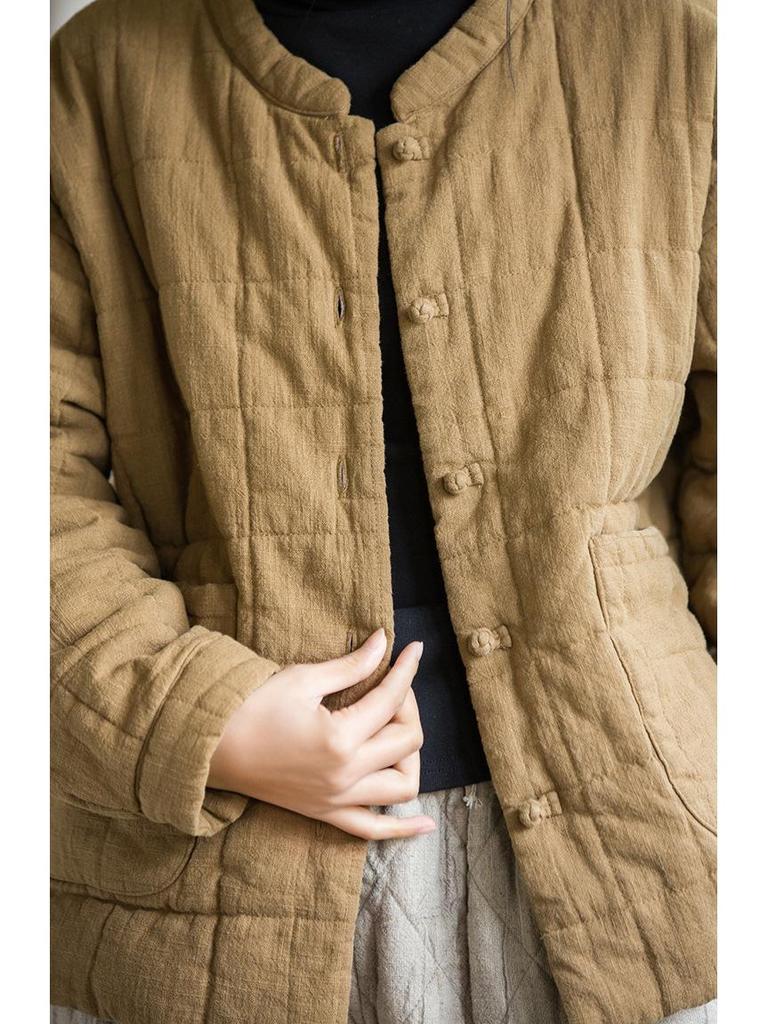 Women's New Style Winter Quilted Plaid Cotton Jacket: Fashionable Literary Short Ramie Coat