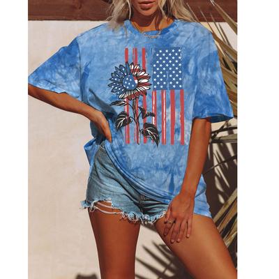 Camiseta de Verano para Mujer Tie Dye Floral Moda Bandera Americana Tops Camisetas Femeninas Vintage Manga Corta Ropa Elegante Streetwear