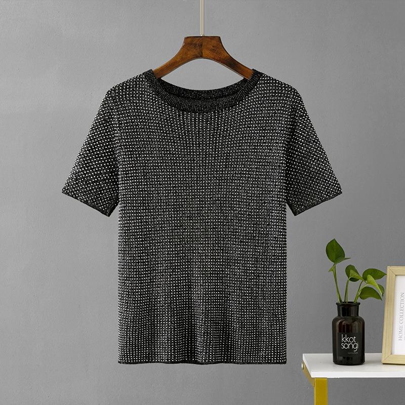 Summer Womens Fashion Basic Knitted T-shirts Female Solid Diamond Round Neck Bottoming Short Sleeve Loose Pullover Tops Solid T-shirts