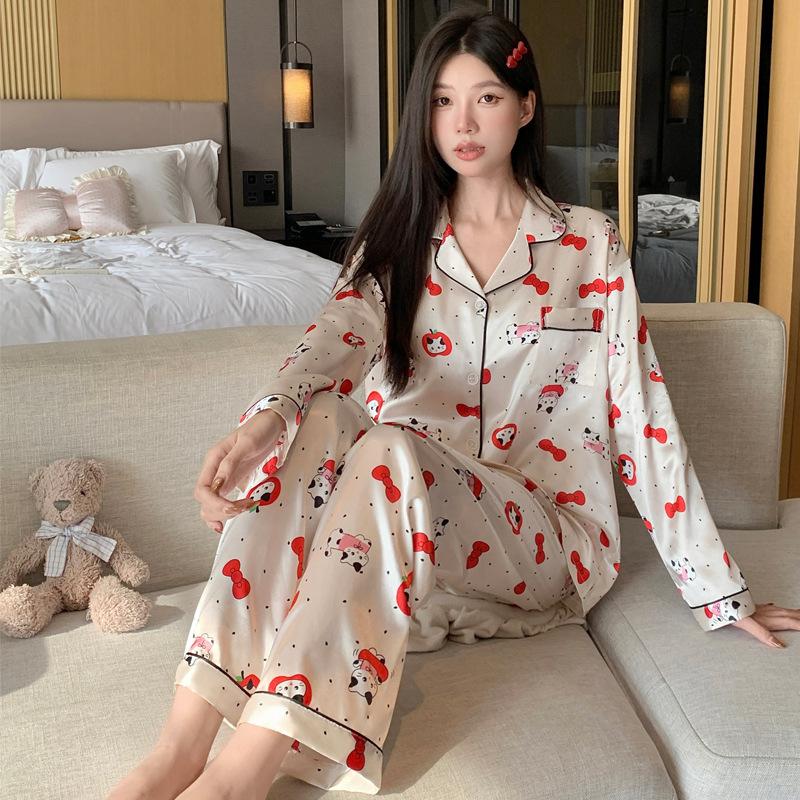 French Cute Cat Ice Silk Pajamas Women'S Spring And Autumn Sweet Wind Cool Long-Sleeved Loungewear Suit Can Be Worn Outside