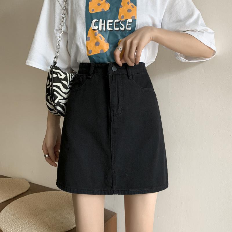 Women s High Waist A-Line Mini Skirt Slim Fit Office Commuter Solid Color Denim Skirt S