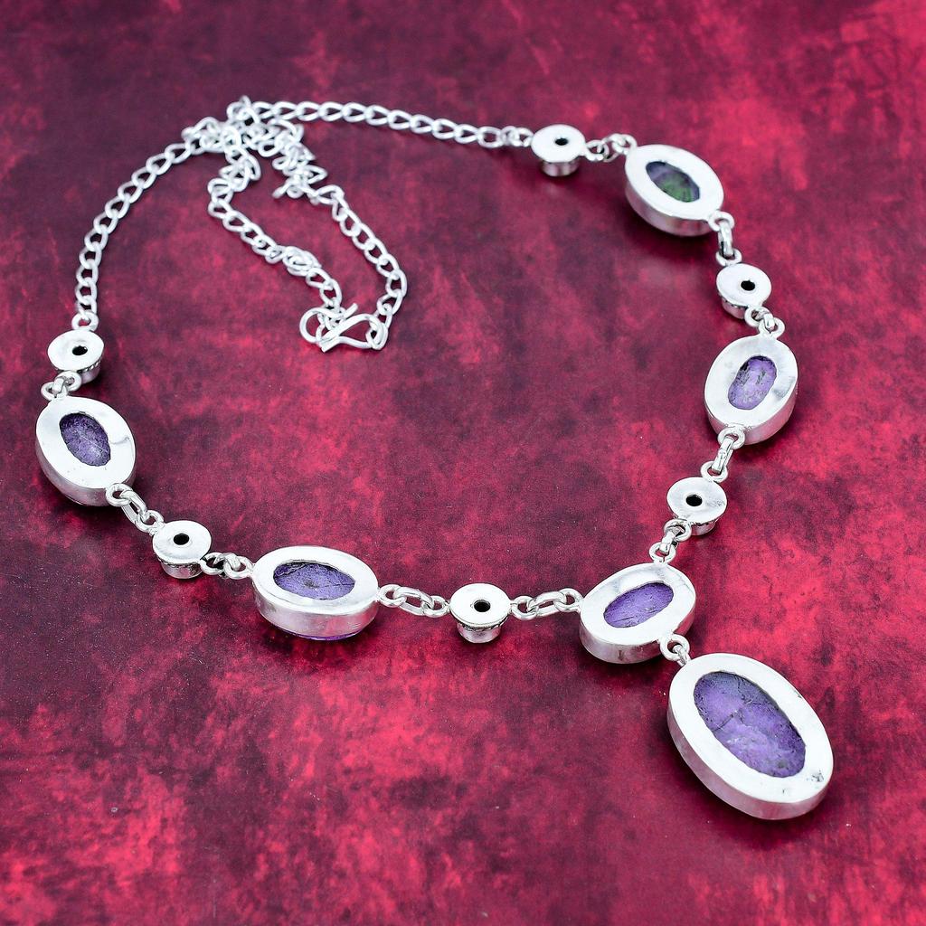 Purpurite & Amethyst 925 Solid Sterling Silver Necklace with Adjustable Chain, Handmade Gemstone Jewelry Necklace For Memorial Day