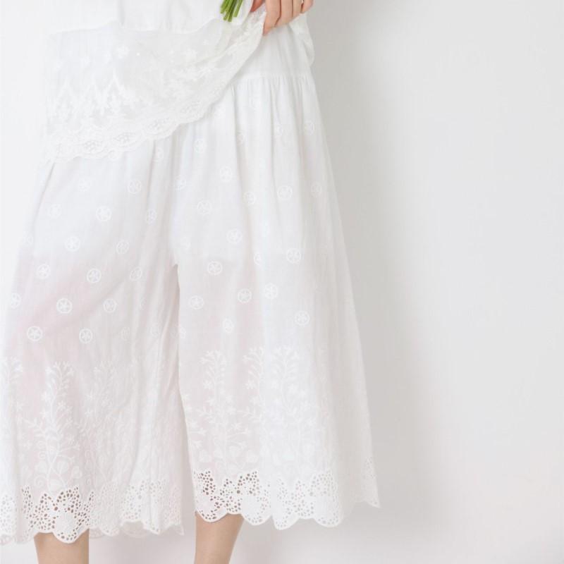 Johnature Spring Summer Sweet Mori Women Solid Color Embroidery Lace Casual Leggings Loose Versatile Lined Wide-leg Pants