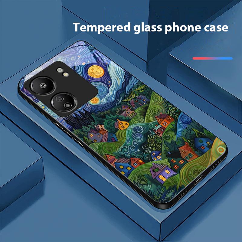 Olejomaľba Domček Pre Xiaomi Redmi 13C Note13 12 Pro Plus 5G Note 9 13T Pro POCO X6 F5 F6 Čierny Kryt na Telefón z Tvrdeného Skla