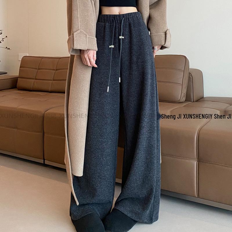 

Women s Maternity Woolen Fleece-Lined High-Waist Wide-Leg Pants for Petite Sizes - Korean Style for Autumn/Winter Large темно-серого