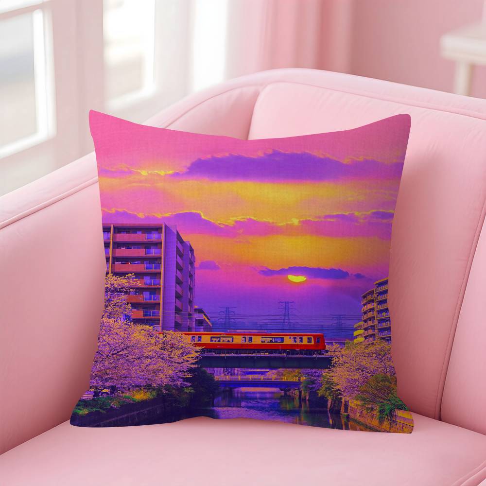 Japanese Street Train Scenery Sakura Cushion Cover Pillow Cover Decor Pillowcase Printed Cushion Case For Couch