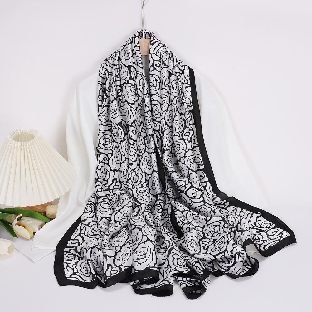 New Camellia Printed Design Scarf Literary and Elegant Breathable Sunscreen Shawl Emulated Silk Mid-length Style
