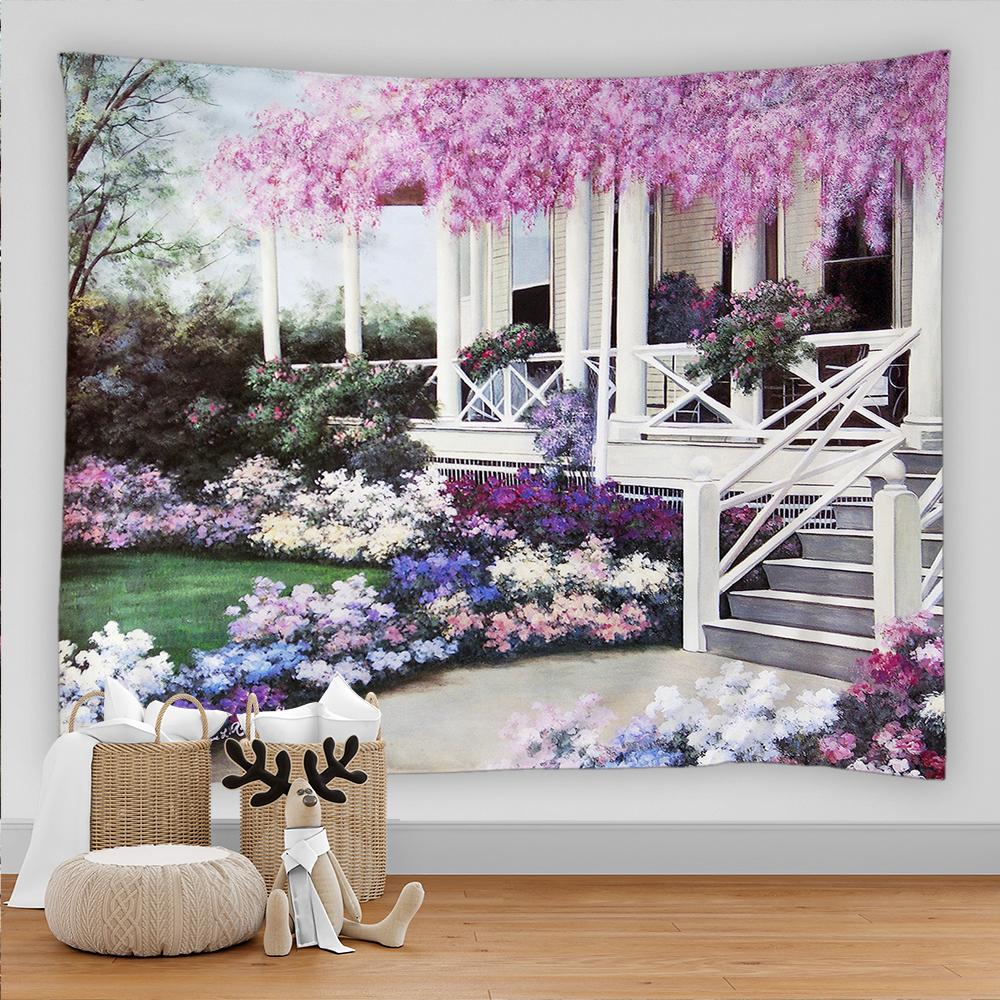 Pictură în ulei de culoare vintage, imprimare peisaj rural floral, agățat pe perete, prosop de plajă, artă, tapiserie, dormitor, decorare a casei