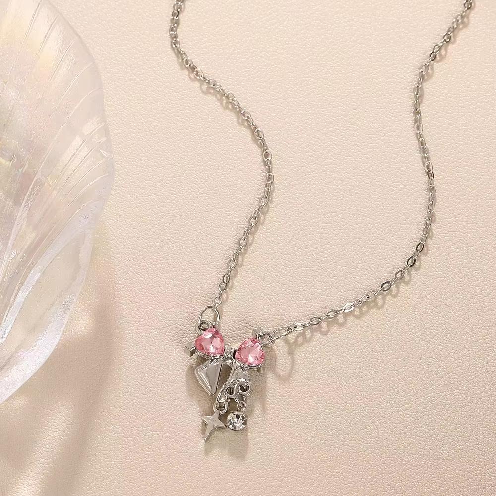 Sweet Pink Bow Necklace Ladies Fashion Sparkling Rhinestone Star Shape Pendant Clavicle Chain Delicate Wedding Accesories