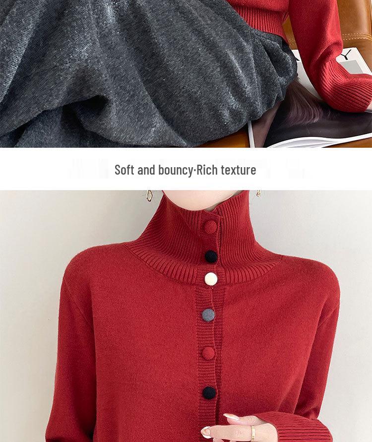Women's Chic High-Neck Knit Cardigan - Autumn/Winter Single-Breasted Versatile Sweater