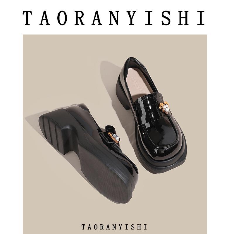 Black platform women's early spring new versatile British small leather shoes rhinestone deep mouth one pedal single shoes