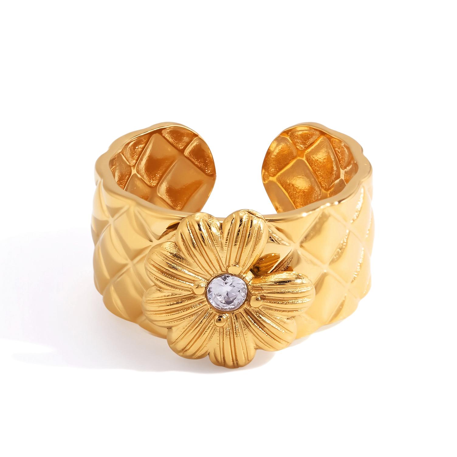 Yori Chic Bling White Cubic Zirconia Daisy Flower Open Ring Waterproof Stainless Steel Trendy Exquisite Finger Cz Jewelry