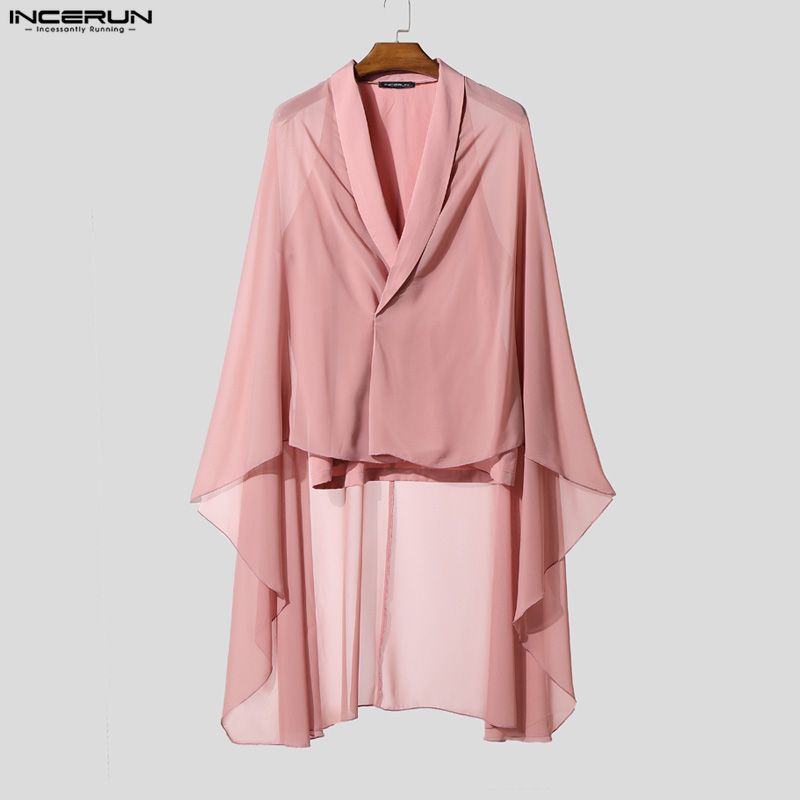 INCERUN Men V Neck Long Sleeve Mesh Layers Patchwork Casual Loose Cape Shirts