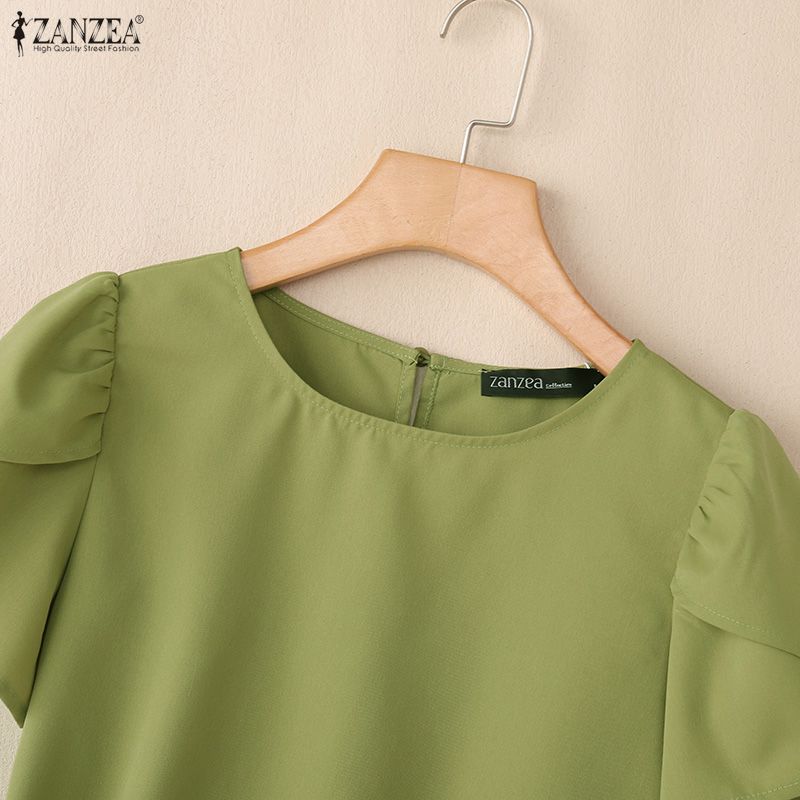 ZANZEA Lässige Bluse mit Rundhalsausschnitt, einfarbig, locker und kurzärmelig für Damen