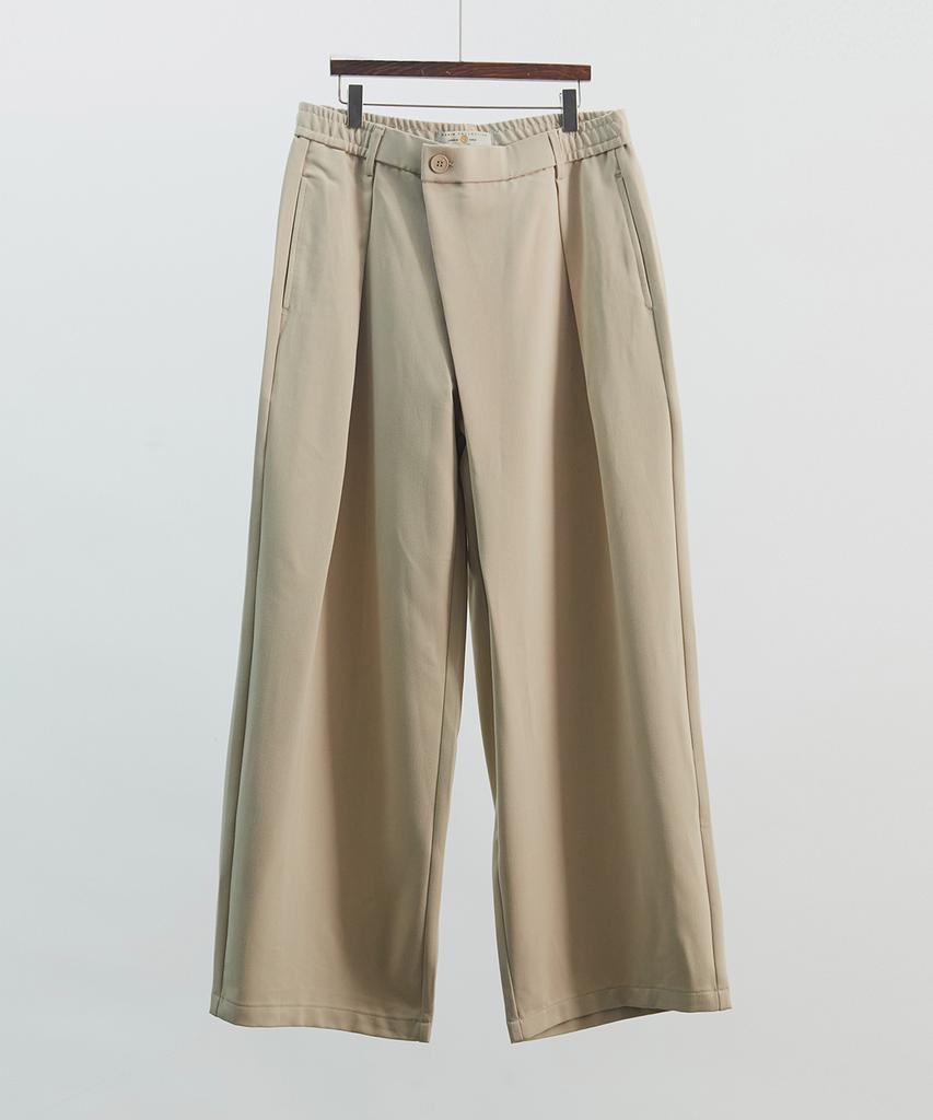 Deulouem Wide Half-Band Asymmetrical Pants (Beige)