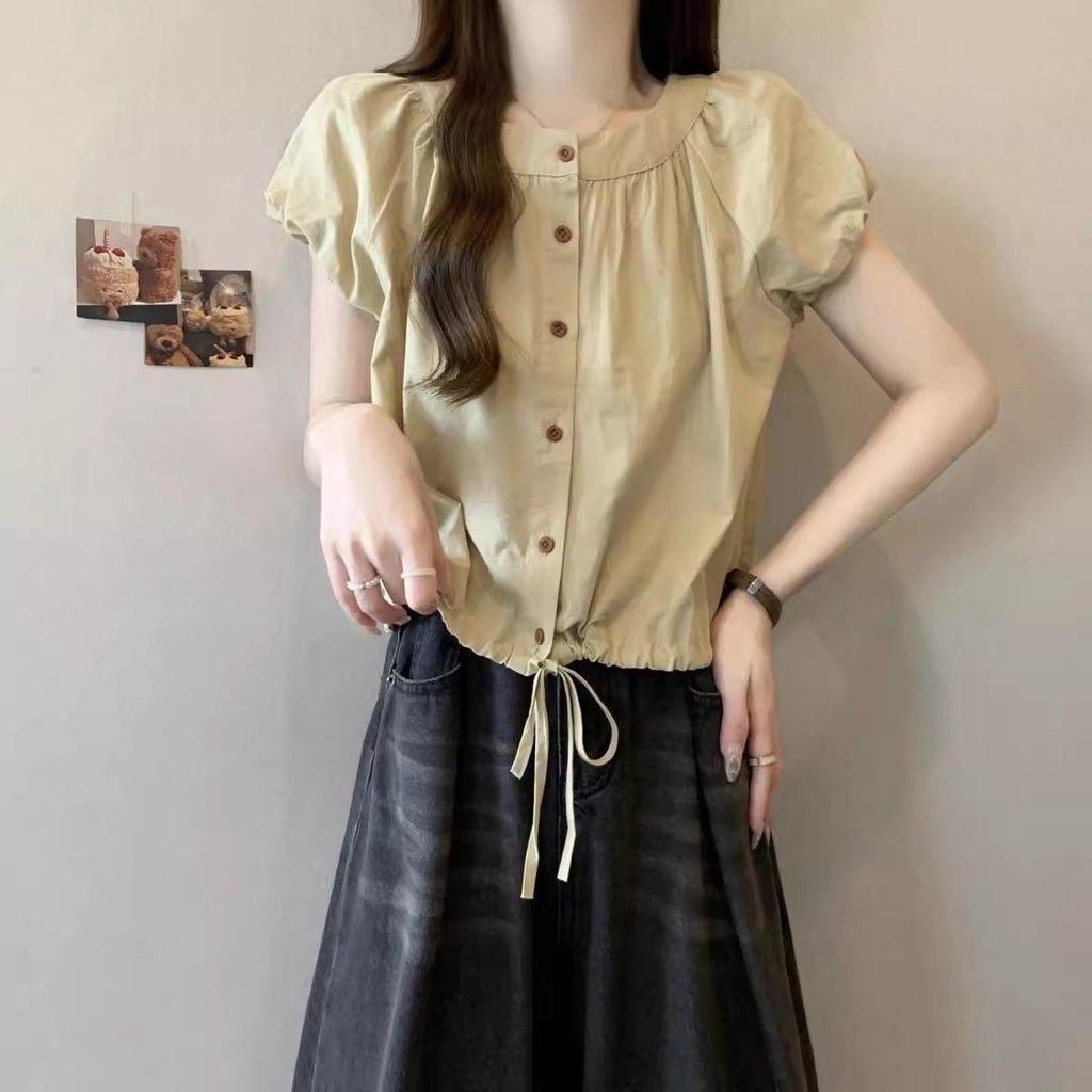 Plus Size Women's French Retro Doll Collar Short Sleeve Lace-up Top - Summer 2025 Casual and Versatile Shirt
