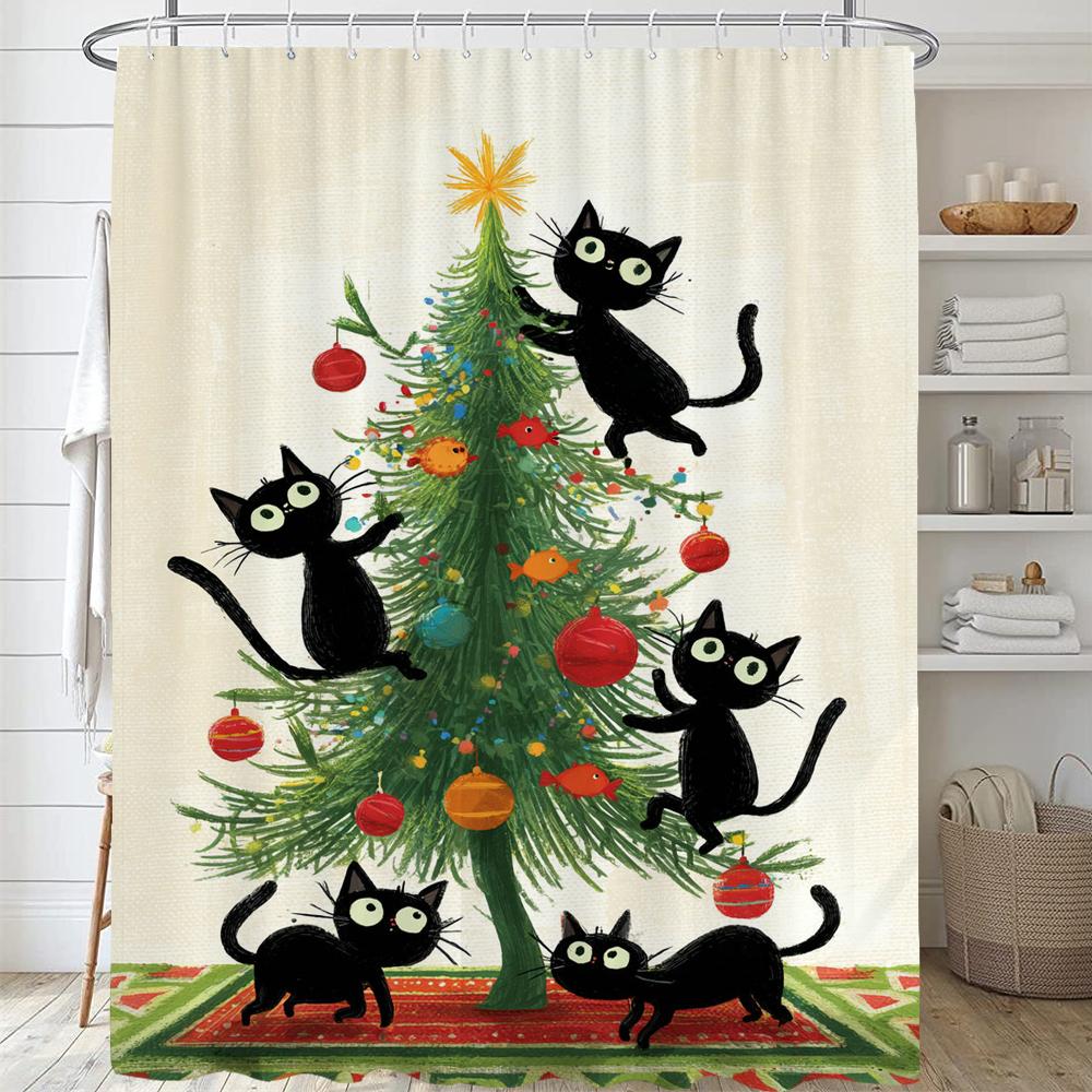 Christmas Shower Curtain,Winter Christmas Shower Curtains for Bathroom,Cute Christmas Cat Shower Curtain,with Hooks