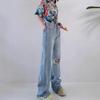 Women's High Waist Ripped Straight-Leg Jeans - Light Blue, Spring/Autumn 2024, Floor-Length, Slimming Fit