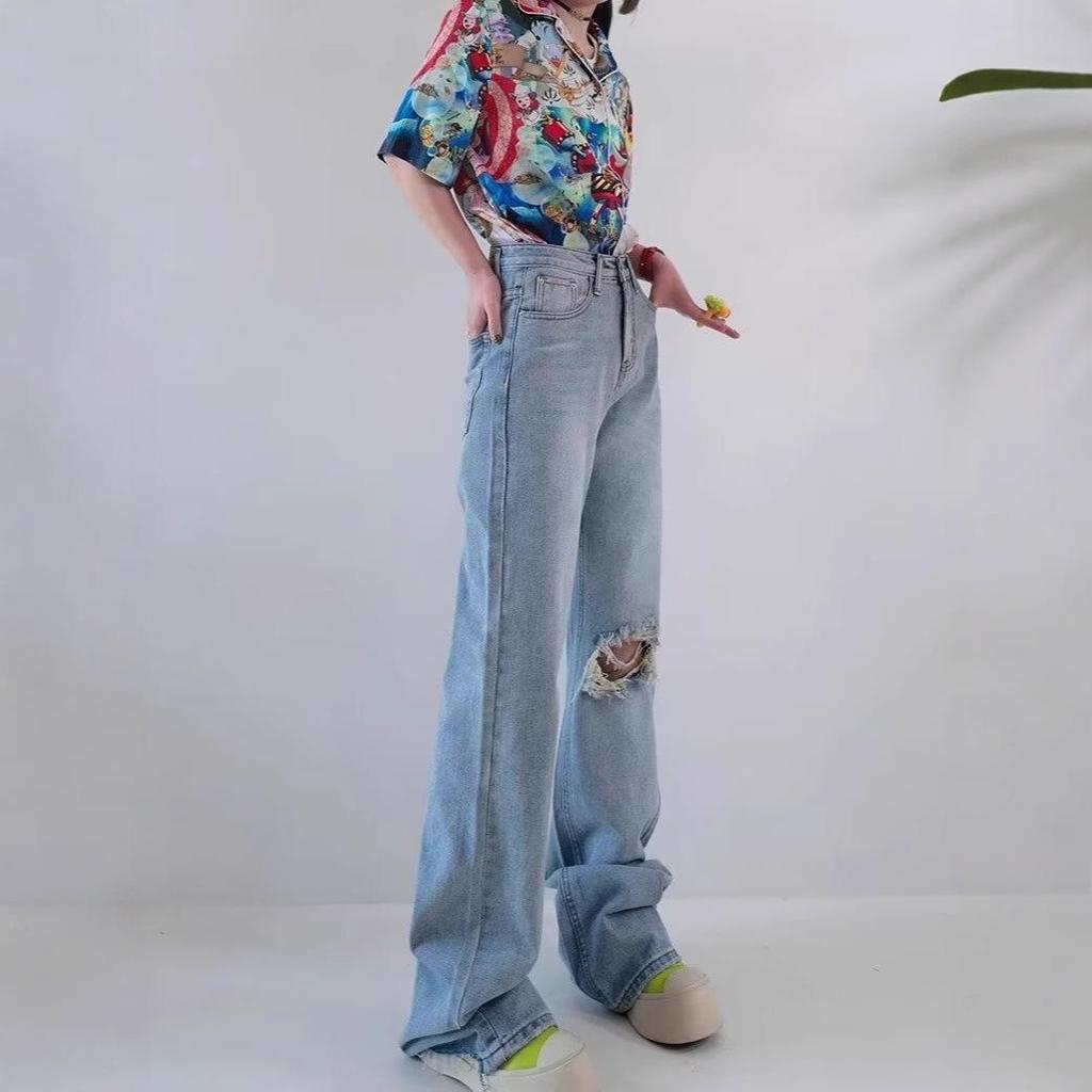 Women's High Waist Ripped Straight-Leg Jeans - Light Blue, Spring/Autumn 2024, Floor-Length, Slimming Fit