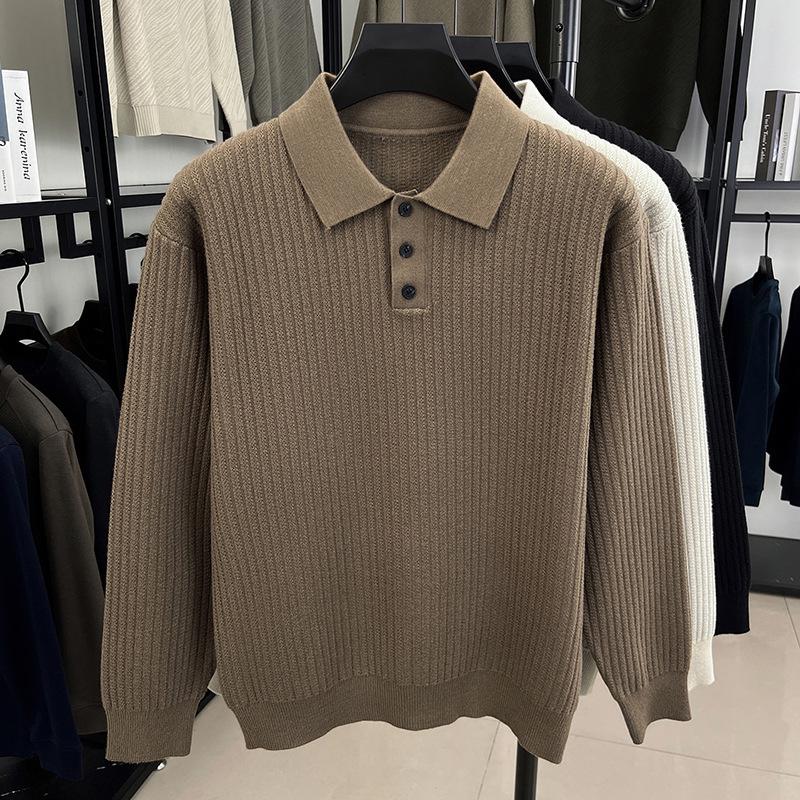 

2025 Quality Autumn/Winter Lapel Stripe Jacquard Long-Sleeve Sweater for Middle-Aged Business Casual Knit Top XL кавовий