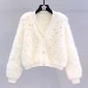 Women's Beaded Imitation Mink Velvet Cardigan - Little Fragrance Style, Autumn/Winter Loose Fit Knitted Sweater Coat