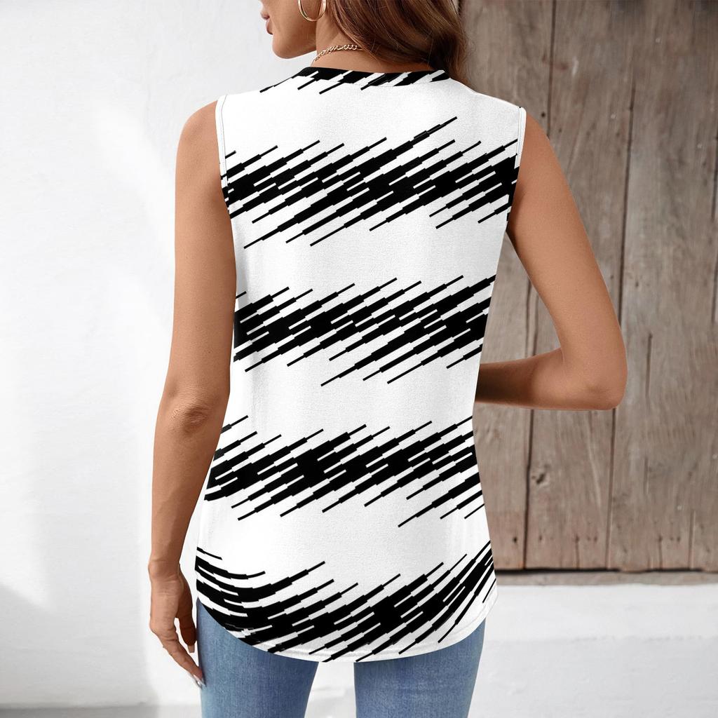 Women Loose Fit V Neck Pleated Striped Sleeveless Tank Top with Casual Relaxed Design for Daily Wear and Outdoor Activities