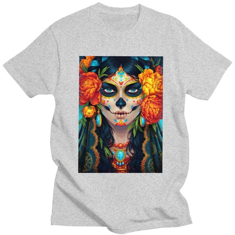 Individuelles Mexikanisches Catrina Zuckerschädel Dame T-Shirt für Herren Reines Baumwoll-T-Shirt Mode-Tee Kurzarm-T-Shirts Schlanke Passform