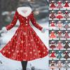 Women's Casual Dress Long-Sleeve V-Neck Patchwork Fleece Christmas Print Dress